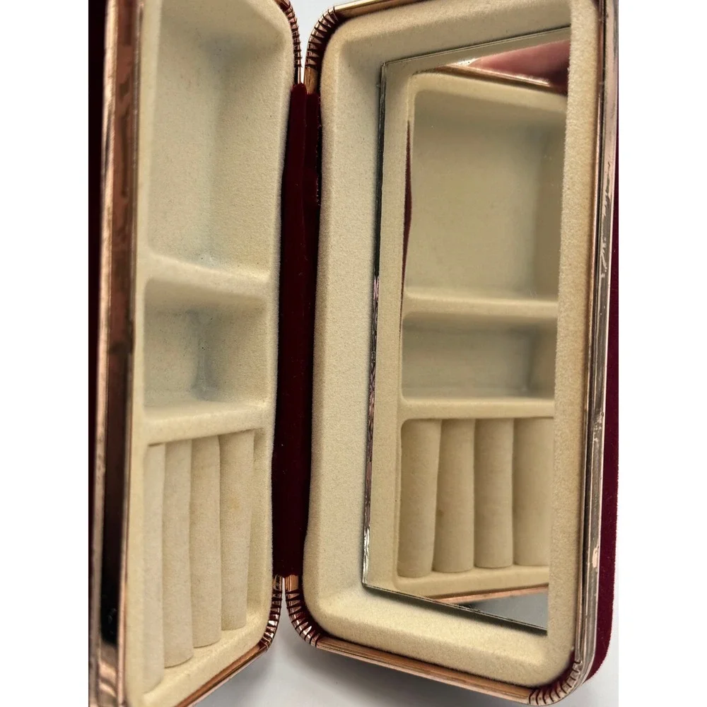 Vintage Burgundy Velvet Travel Jewelry Box Rose Gold Trim Mirror Ring Storage